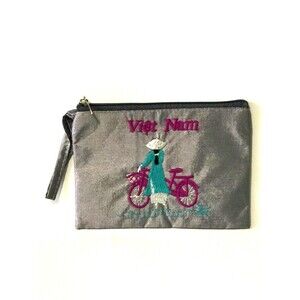 Satin Coin Purse Jewelry Organizer Small Embroidered Viet Nam Woman's 5" x 4"